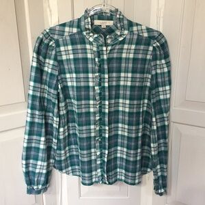 LOFT Green and White Plaid Flannel Button Down Shirt